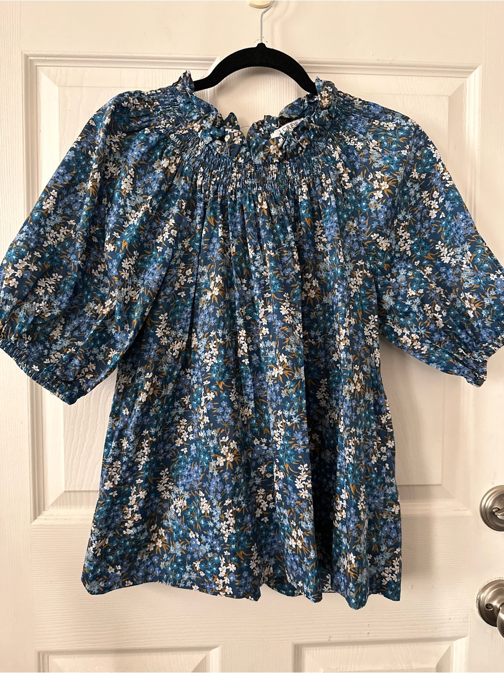 J. Crew Blue Floral Smocked Neck Puff Sleeve Blouse